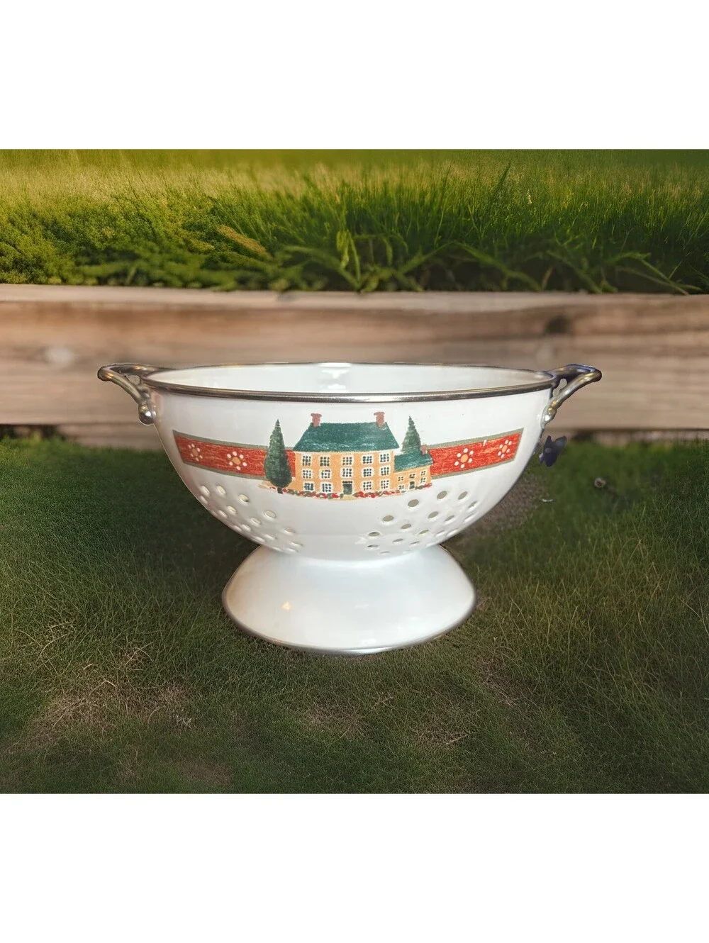 Vintage Metal Enamel Colander Strainer Footed Bowl White Country Village Design